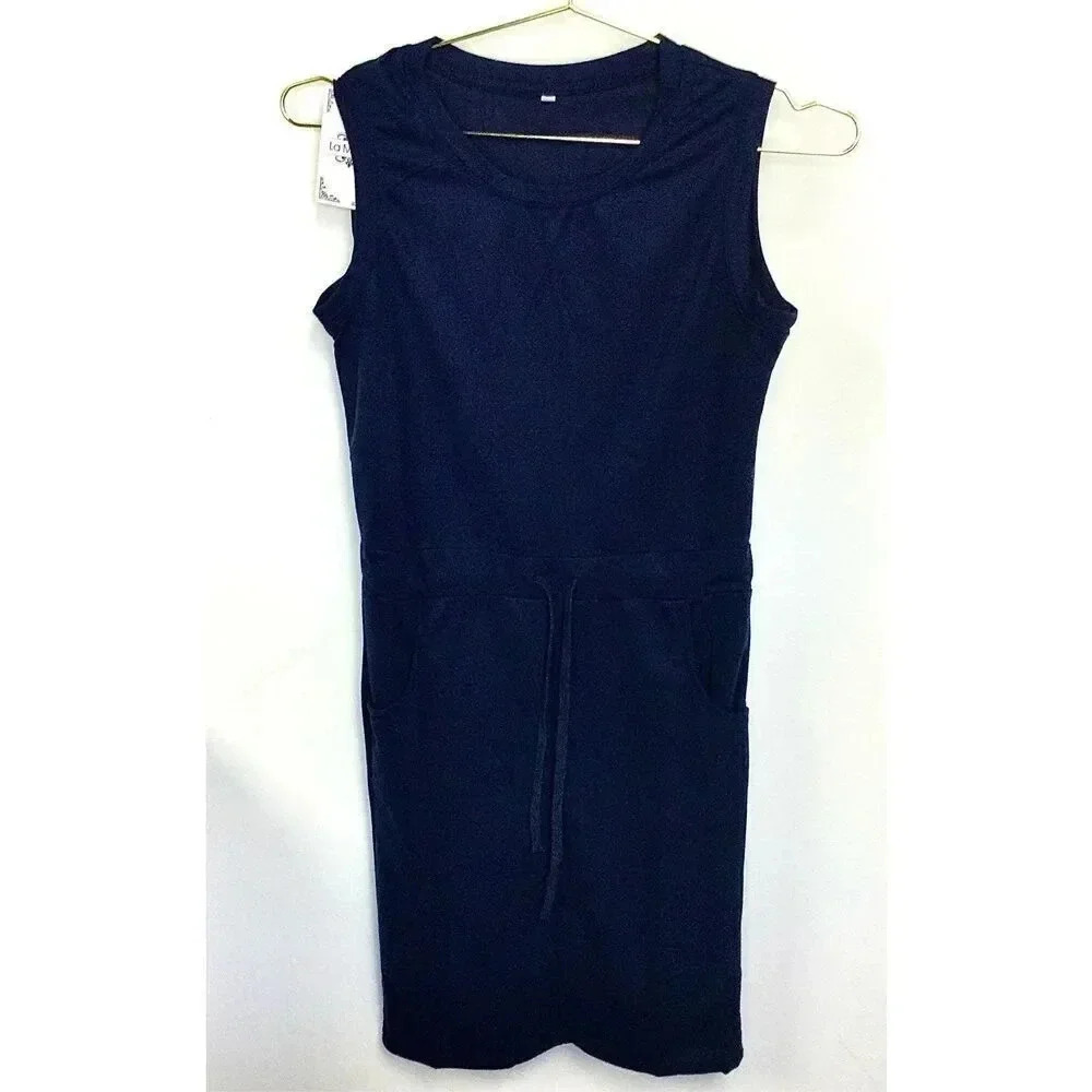 La Mode Womens Navy Blue Sleeveless Draw String Cotton Blend Dress Small‎ NWT